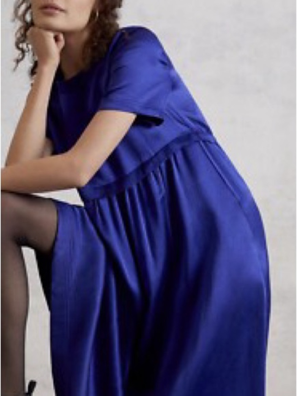 Satin Royal Blue Short Sleeve Midi Dress